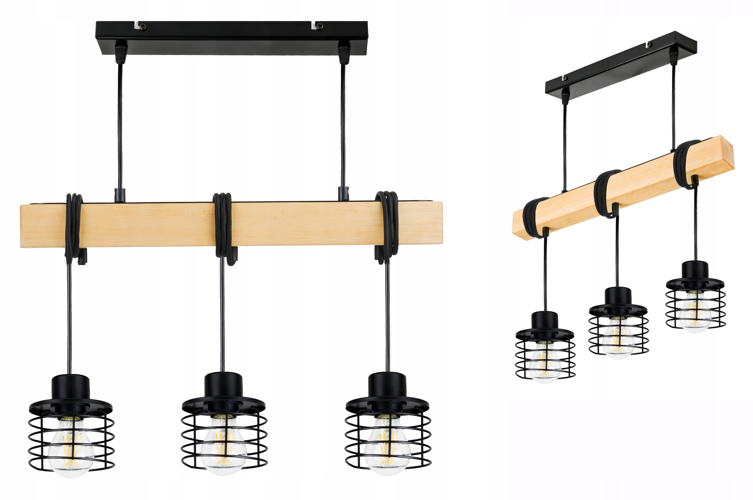 Dřevěná závěsná stropní lampa Lustr Zwis Loft Černý Drát 3xE27