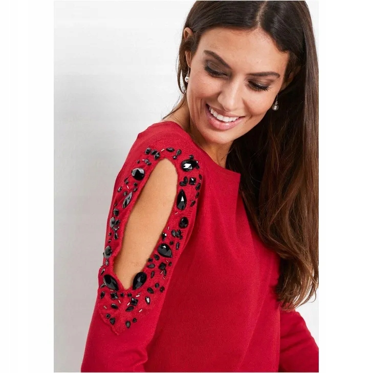 BONPRIX SWETER PULLOVER ODKRYTE RAMIONA ZDOBIENIE CYRKONIE 40-42 Dekolt okrągły