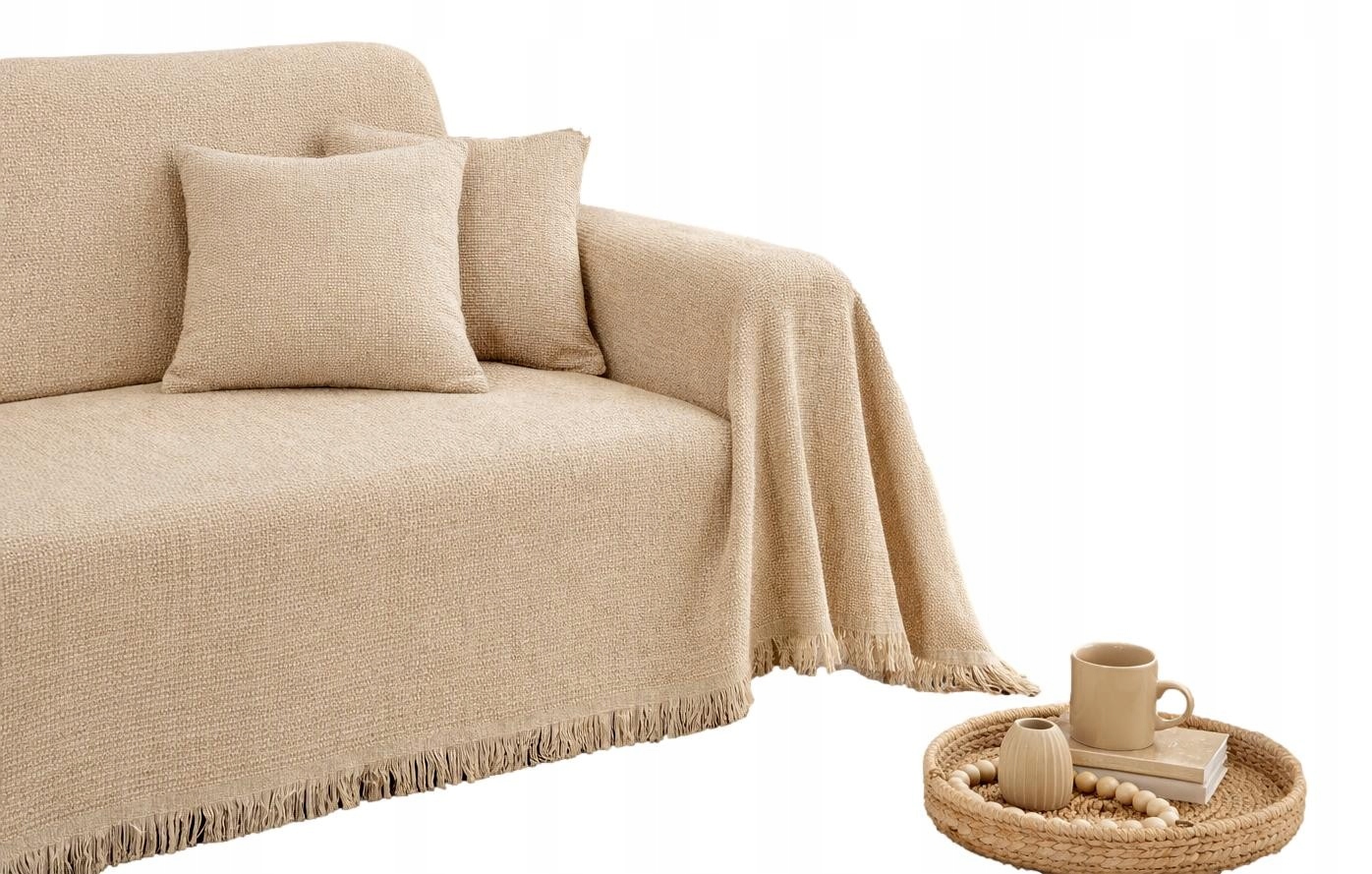 Bavlněný přehoz španělská béžová barva 180x260 s lehkými střapci