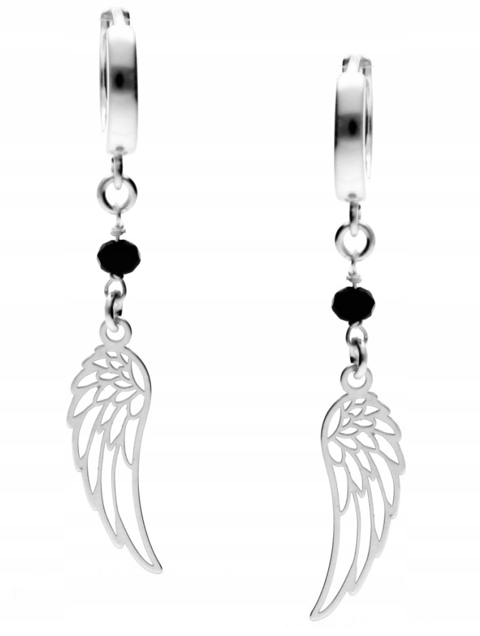 Visací náušnice křídla anděla s černým korálkem, stříbro 925, včetně krabička