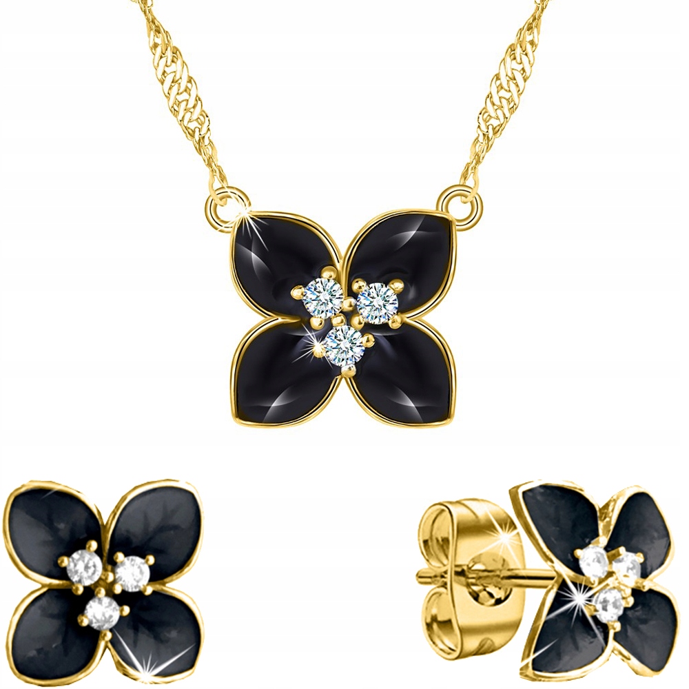 Sada šperků černé květy pozlacený set šperků stříbro elegance