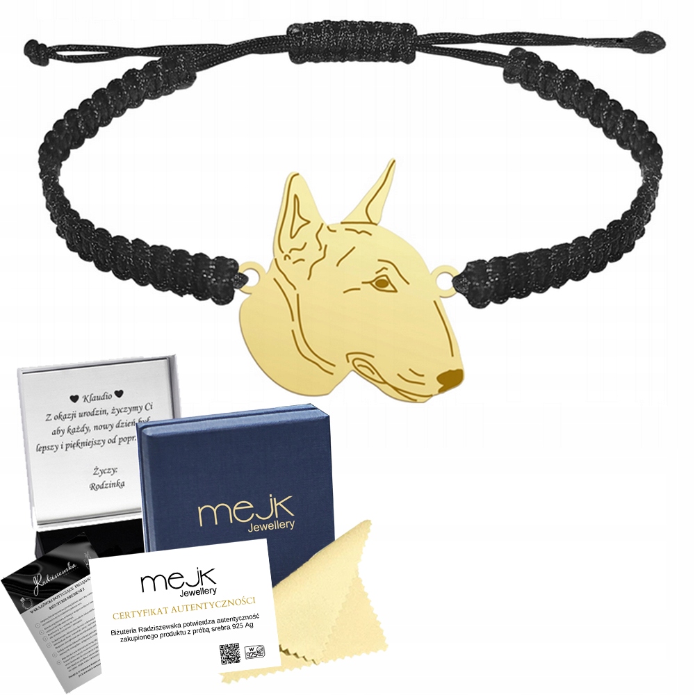 Zlatý náramek s Miniaturním Bulteriérem Ag 925 Makramé Dárek Gravírování Bonus