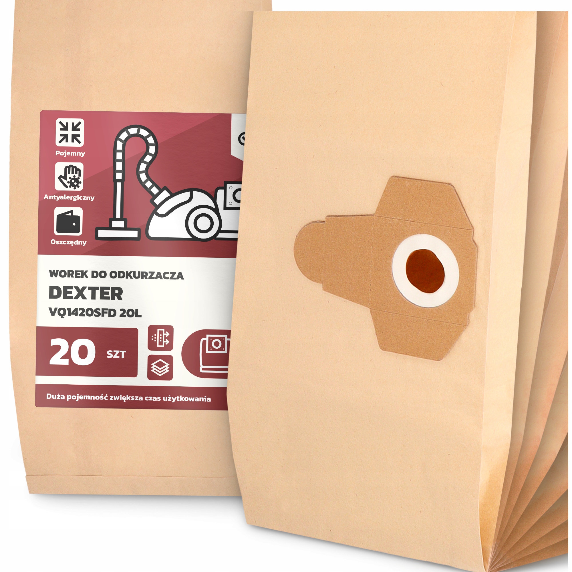 20 x Sáček Do Vysavače Dexter VQ1420SFD 20L Papírový Velký Silný Sáčky 2A