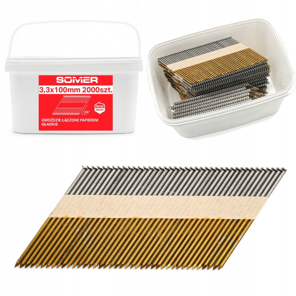 Hřebíky spojené papírem 34° Hladké 3,3/100 G 2000 ks páskové
