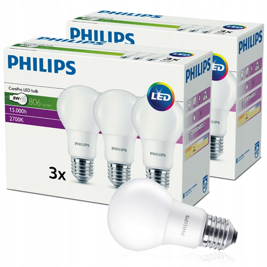 

6x Żarówka Led E27 8W 60W 806lm 2700K Philips