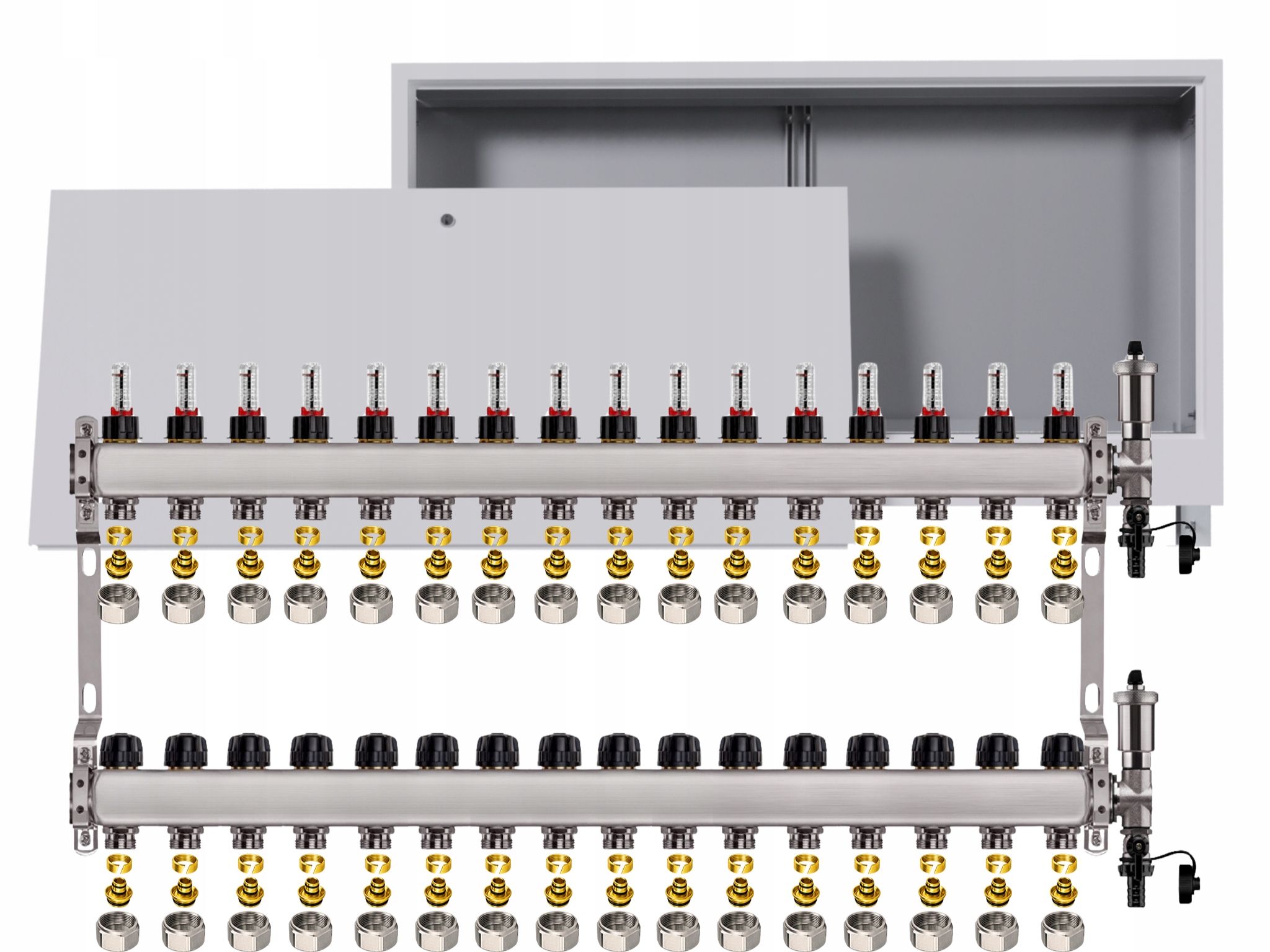 Nerezový rozdělovač pro podlahu 16 okruhů s podomítkovou schránkou Pex