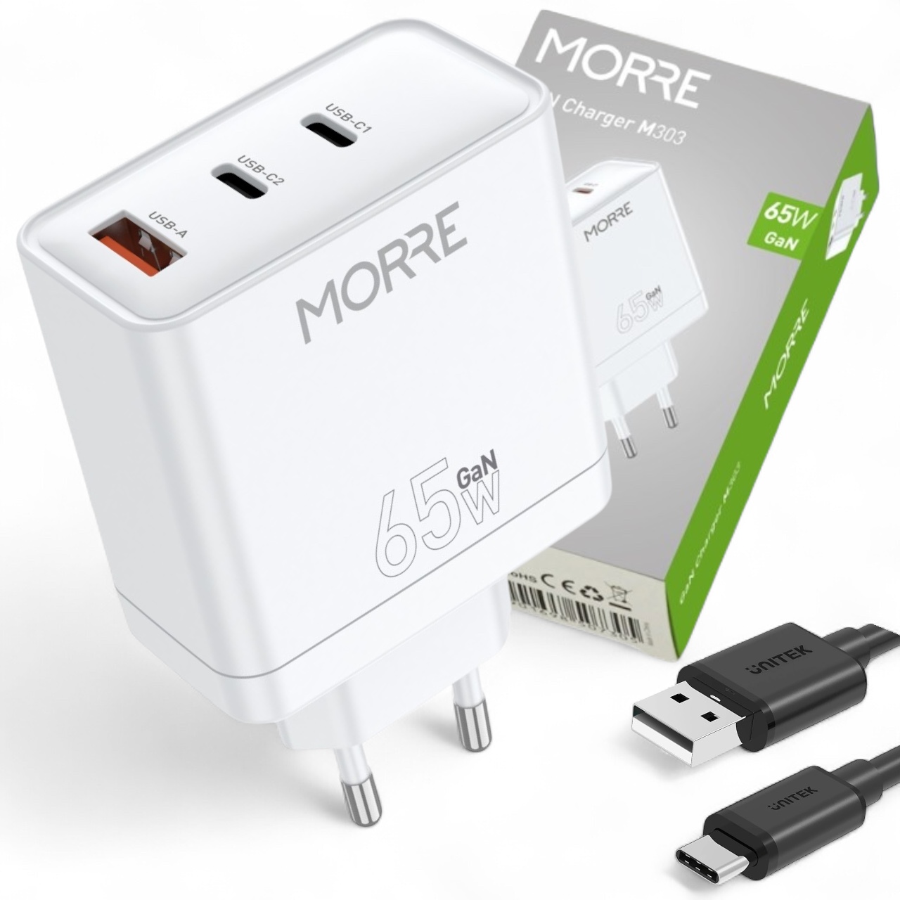 Ładowarka Morre GaN 65W trzy porty Usb szybkie ładowanie biała