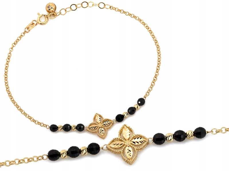 Dámský náramek ze zlata 585, květina s onyxem, efektní od klenotníka 14k