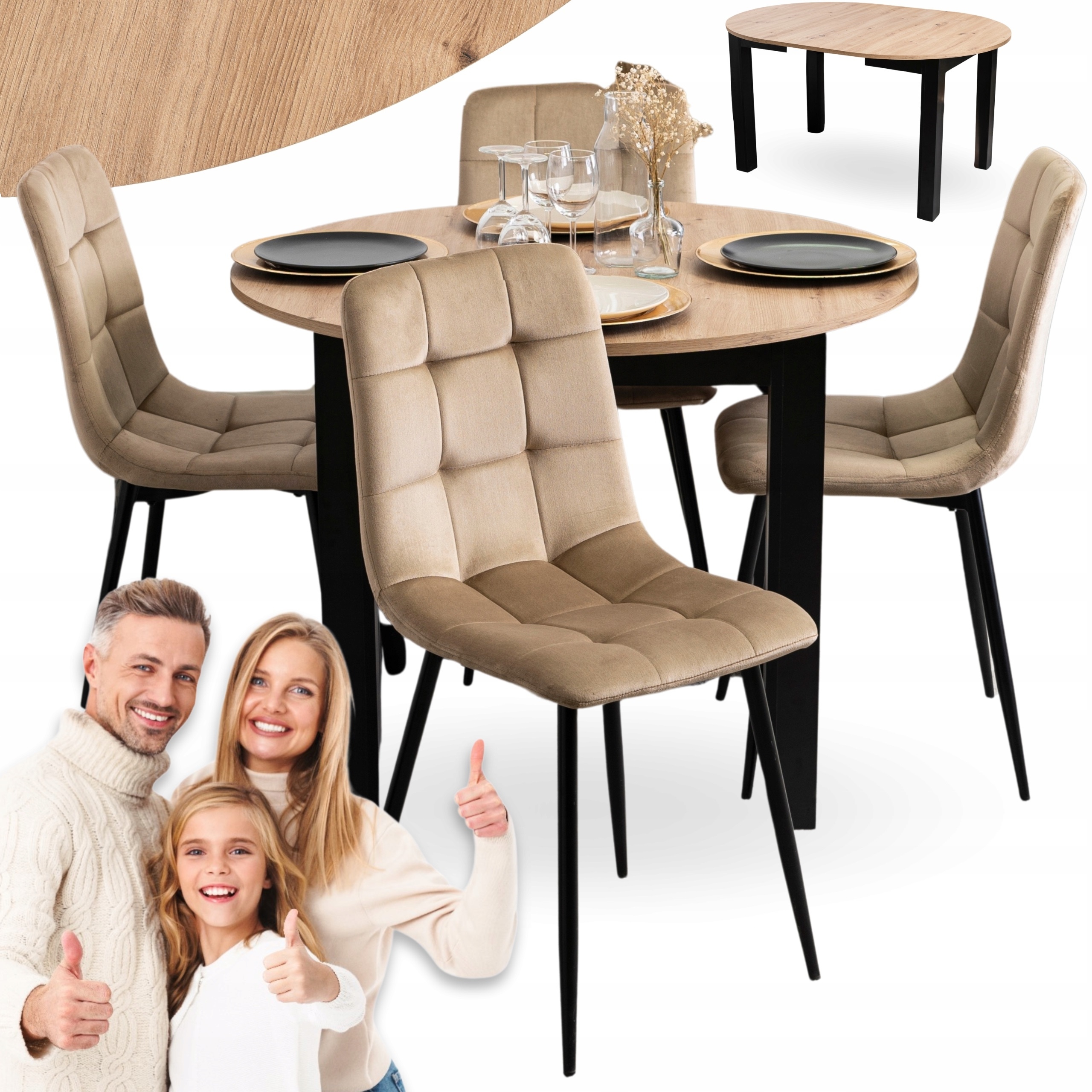 Rozkládací stůl Kulatý Kuchyňská židle Sada Čalouněná Béžová 4x