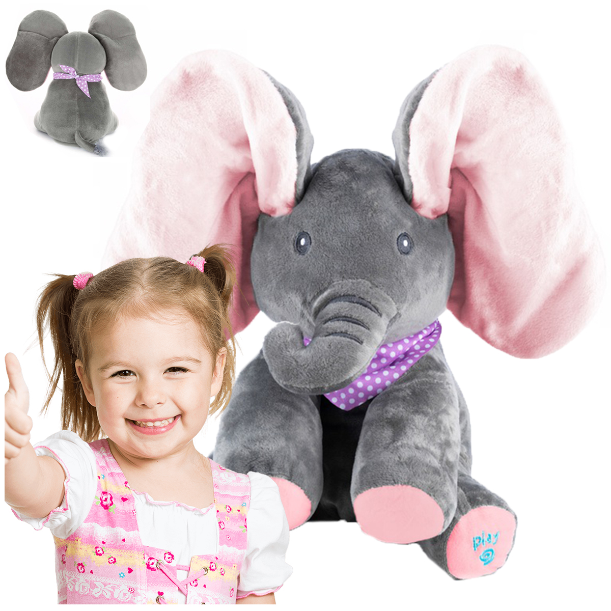 MASKOTKA GRAJĄCA SŁONIK ŚPIEWAJĄCY INTERAKTYWNY SŁOŃ A KUKU RUSZA USZAMI Szerokość produktu 30 cm