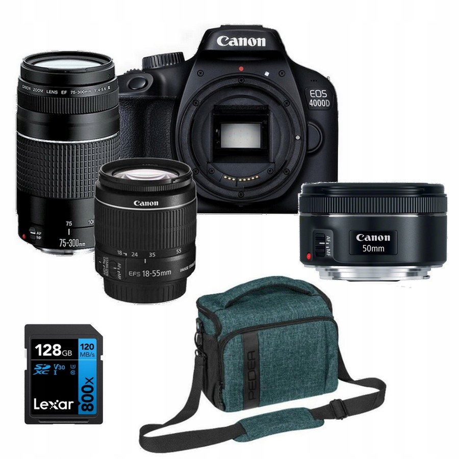 Sada Canon 4000d+18-55 DC III+75-300+50 mm taška XL+128 Gb Lexar