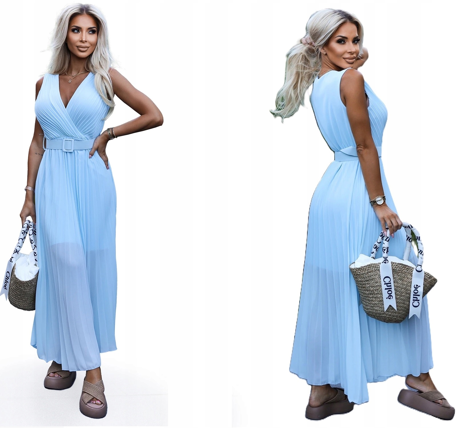 Elegantní Plisovaná Dlouhá Šaty S Zavinovacím Výstřihem A Modrým Páskem
