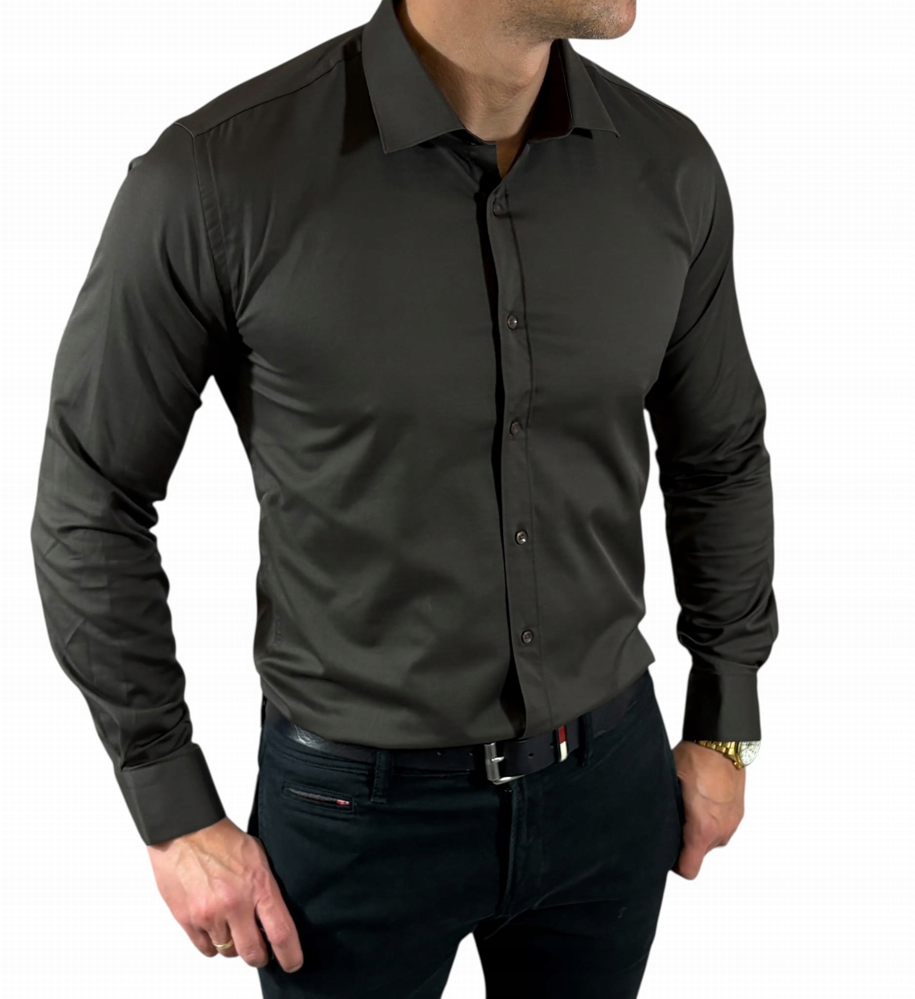 Klasická slim fit košile čokoládové barvy-09 hladká saténová elegantní E