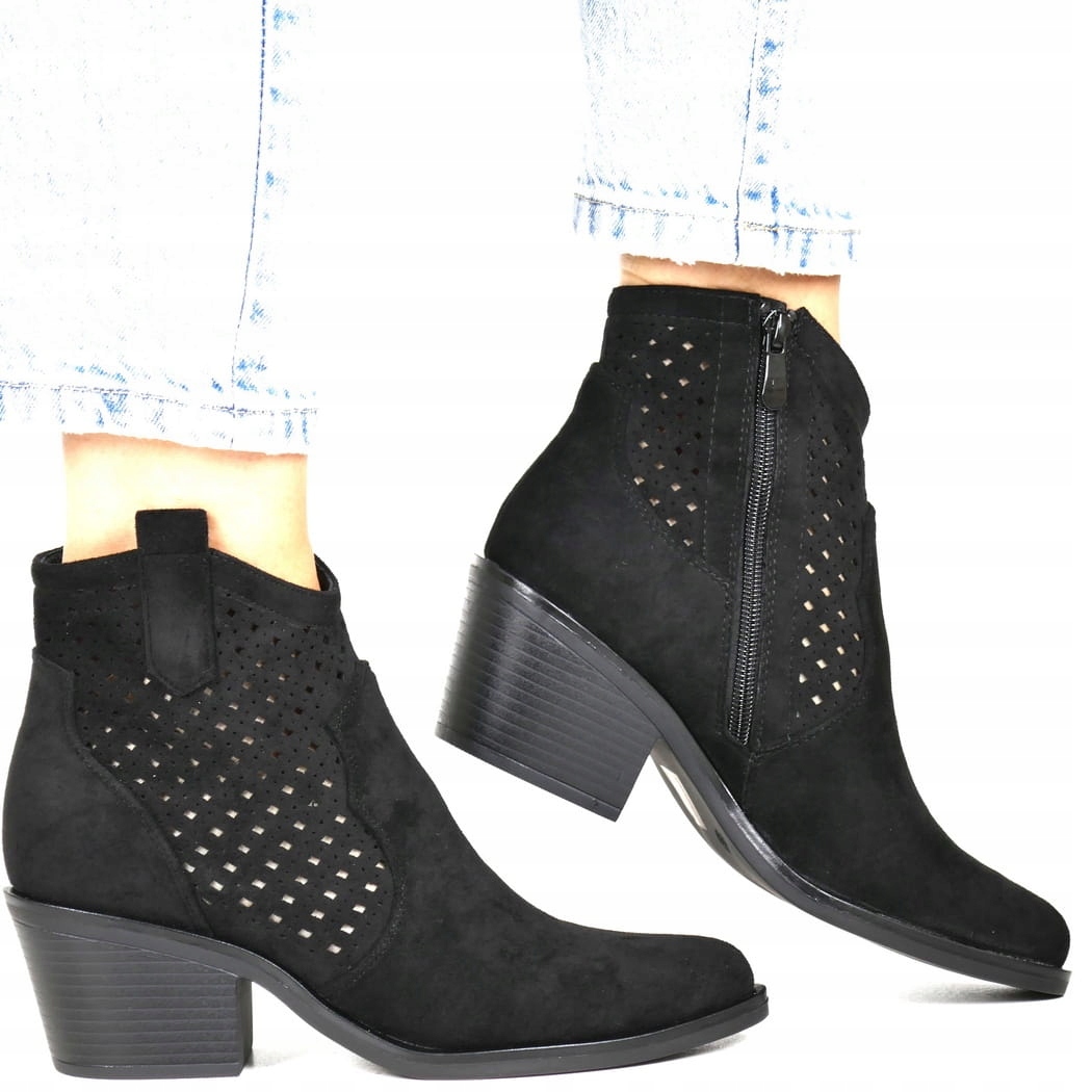 iButy Kotníkové Boty Kovbojské Boty Dámské Ažurové Nízké Černé Semišové Na Zip Módní