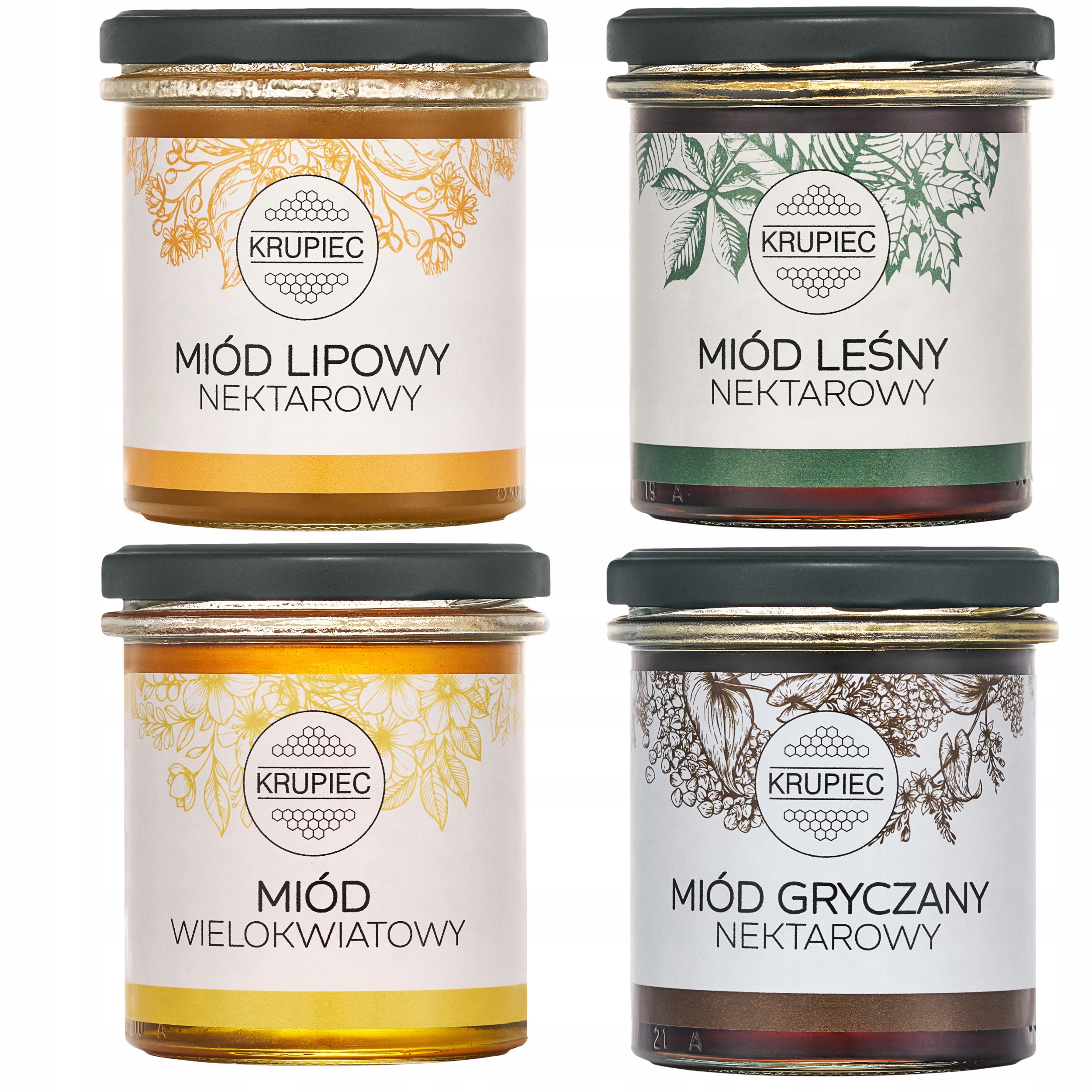 Zestaw Miodów Polskich 4x400g Lipowy Leśny Gryczany Wielokwiatowy Krupiec