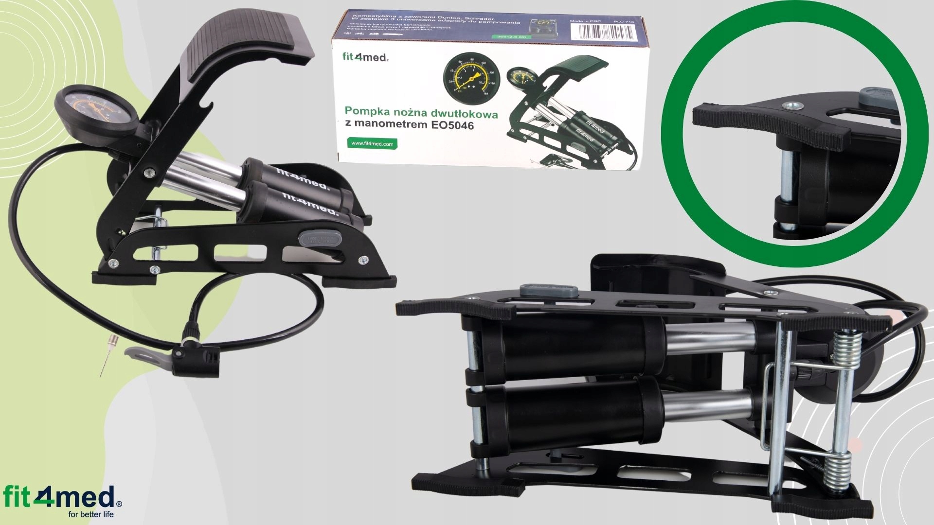 POMPKA NOŻNA DWUTŁOKOWA SAMOCHODOWA ROWEROWA MOCNA Z MANOMETREM 11BAR SOLID Manometr tak