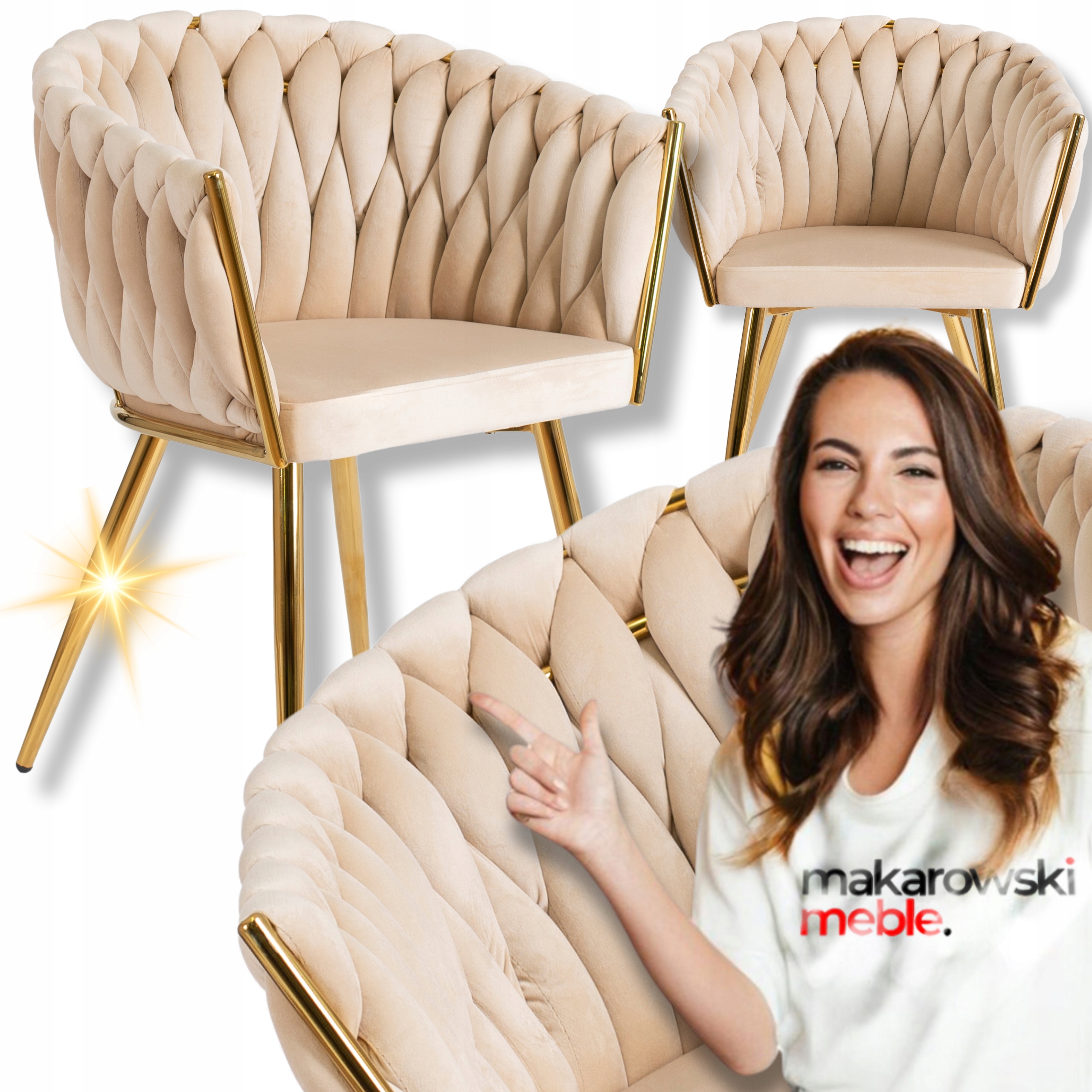 Čalouněné křeslo Velur Glamour Capi Pletené krémové pro obývací pokoj a jídelnu