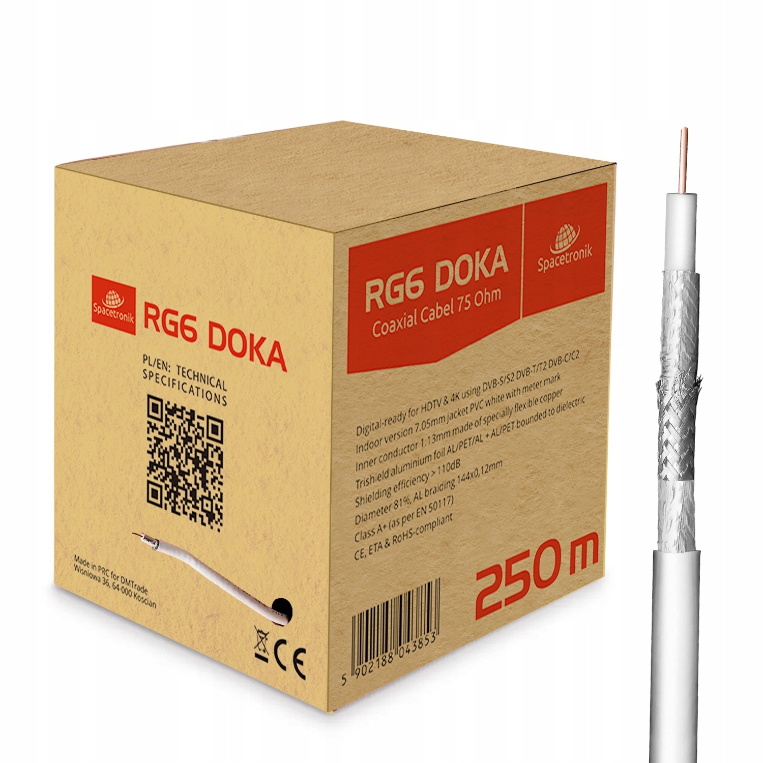 Koaxiálny kábel RG6 Spacetronik Doka 4K 113 Cu Trishield 250 m biely