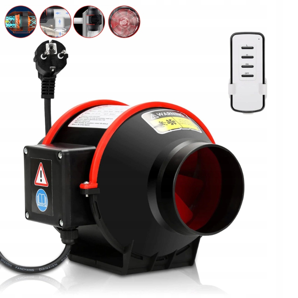 Potrubní Ventilátor 100 MM Odtahový, Dvourychlostní, Tichý, 2-PÓLOVÝ, Dálkové Ovládání 40 W