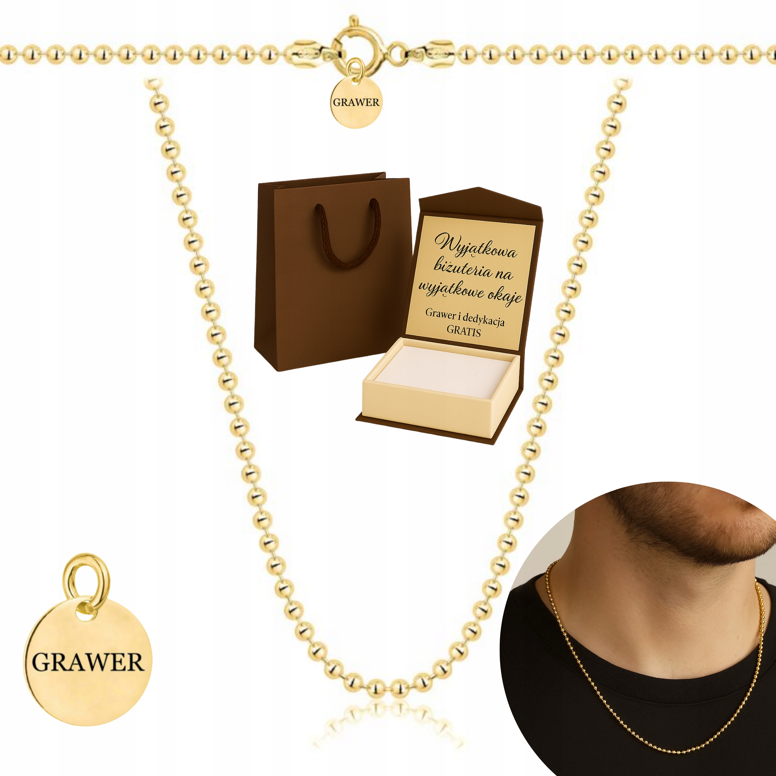 Zlatý Kuličkový Řetízek Ryzost 925 585 Pánský Dámský 2,3 MM Gravírování Pozlacený