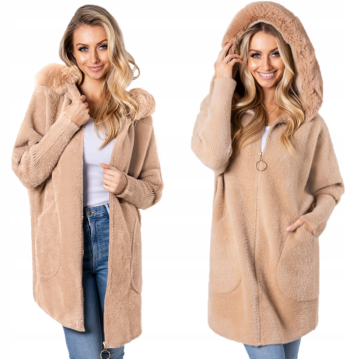 Nadýchaná Alpaka Kabát Kapuce s kožešinou Měkký, teplý, dámský na zip