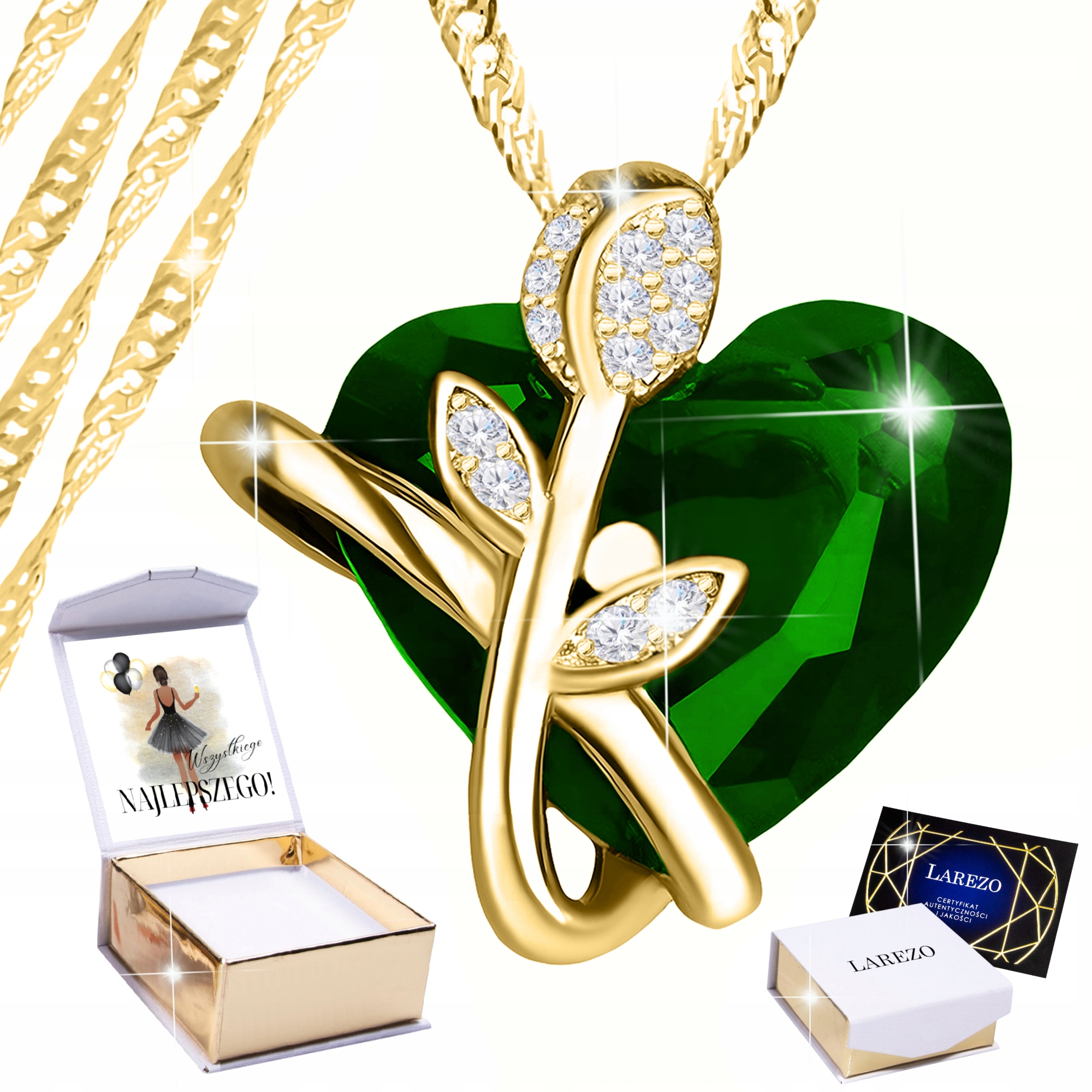 Zlatý náhrdelník 925 Křišťálové srdce s růží a zirkony Tulipán Růže Potisk