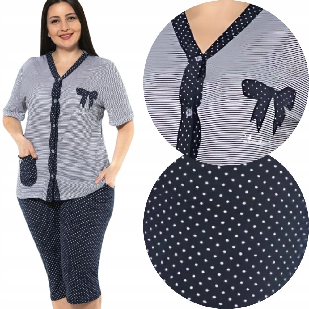 Piżama Dwuczęściowa Damska Rozpinana 3/4 Rękaw Spodnie Bawełniana Gudziki