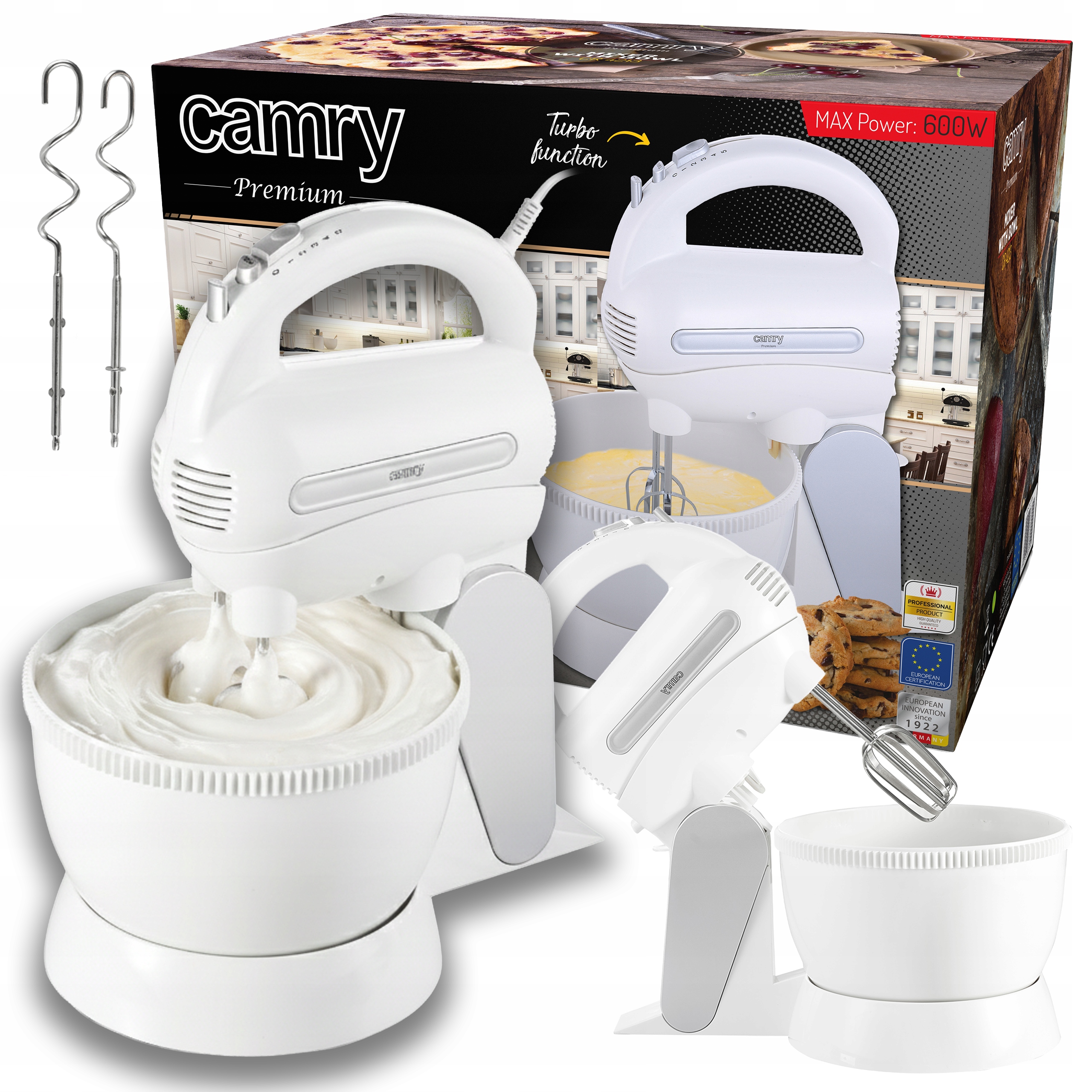 Mikser Ręczny Robot Kuchenny Turbo 5 Biegów Misa 3L Obrotowa 4 Końcówki