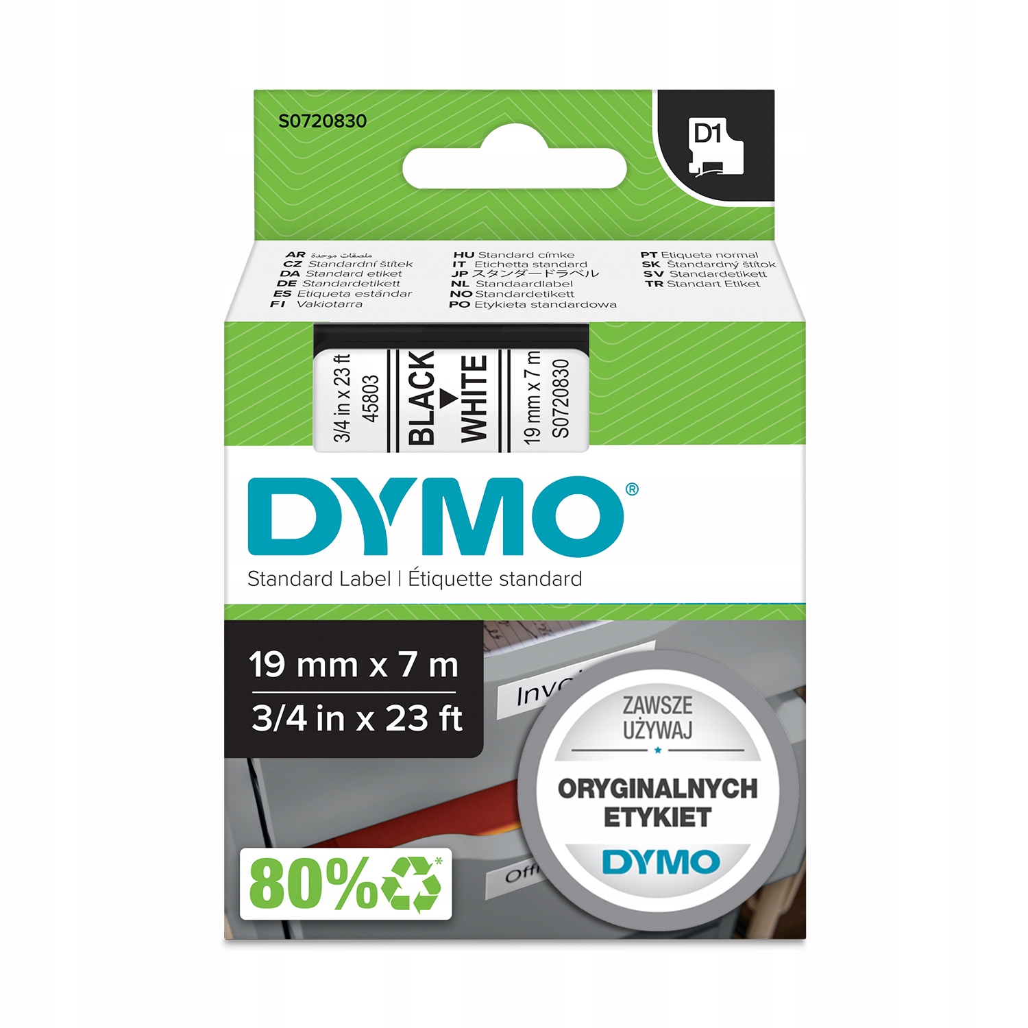 

Dymo Taśma D1 45803 S0720830 19mm Cz/b Oryginał
