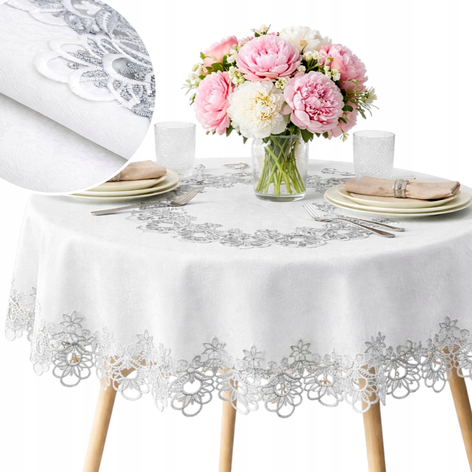 Obrus biały szary Okrągły 150 cm plamoodporny gipiura na stół do jadalni