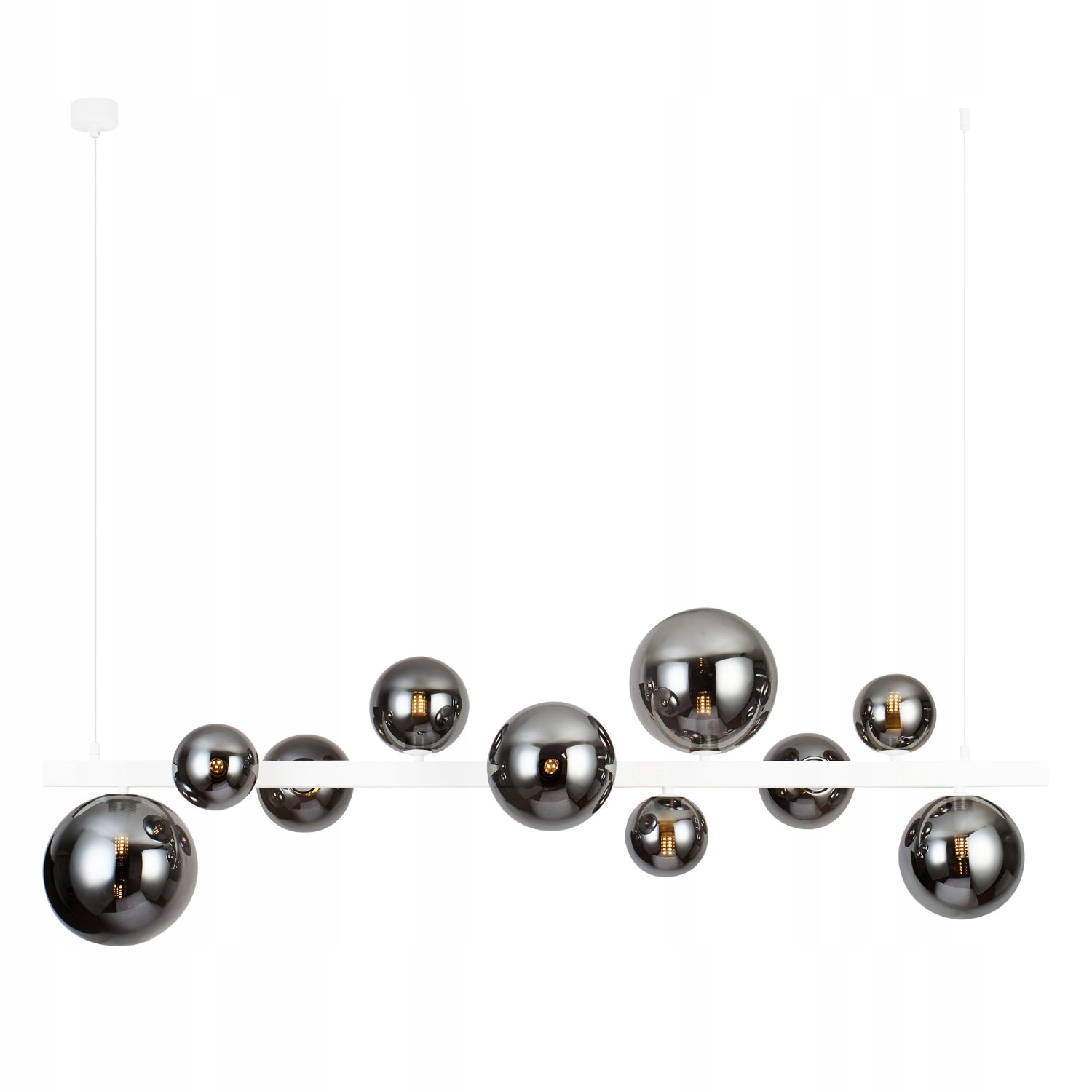 Biela dekoratívna lampa Bubbles Line s 10 bublinkovými tienidlami do jedálne nad stôl