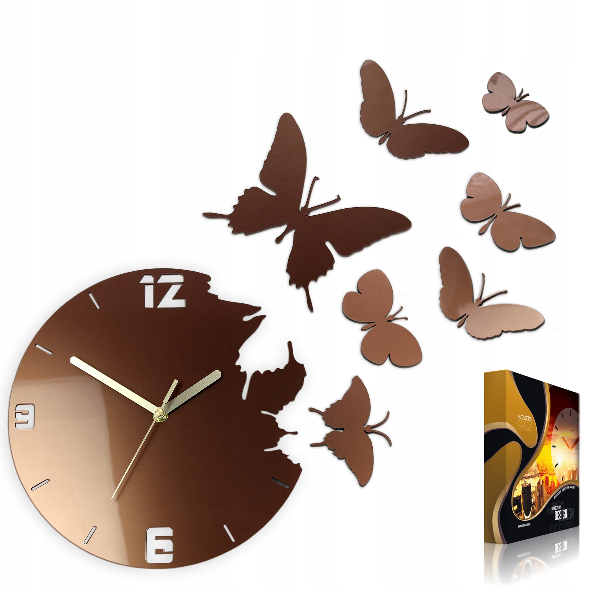 Moderní nástěnné hodiny do obývacího pokoje nebo ložnice Akrylové hnědé s motýly