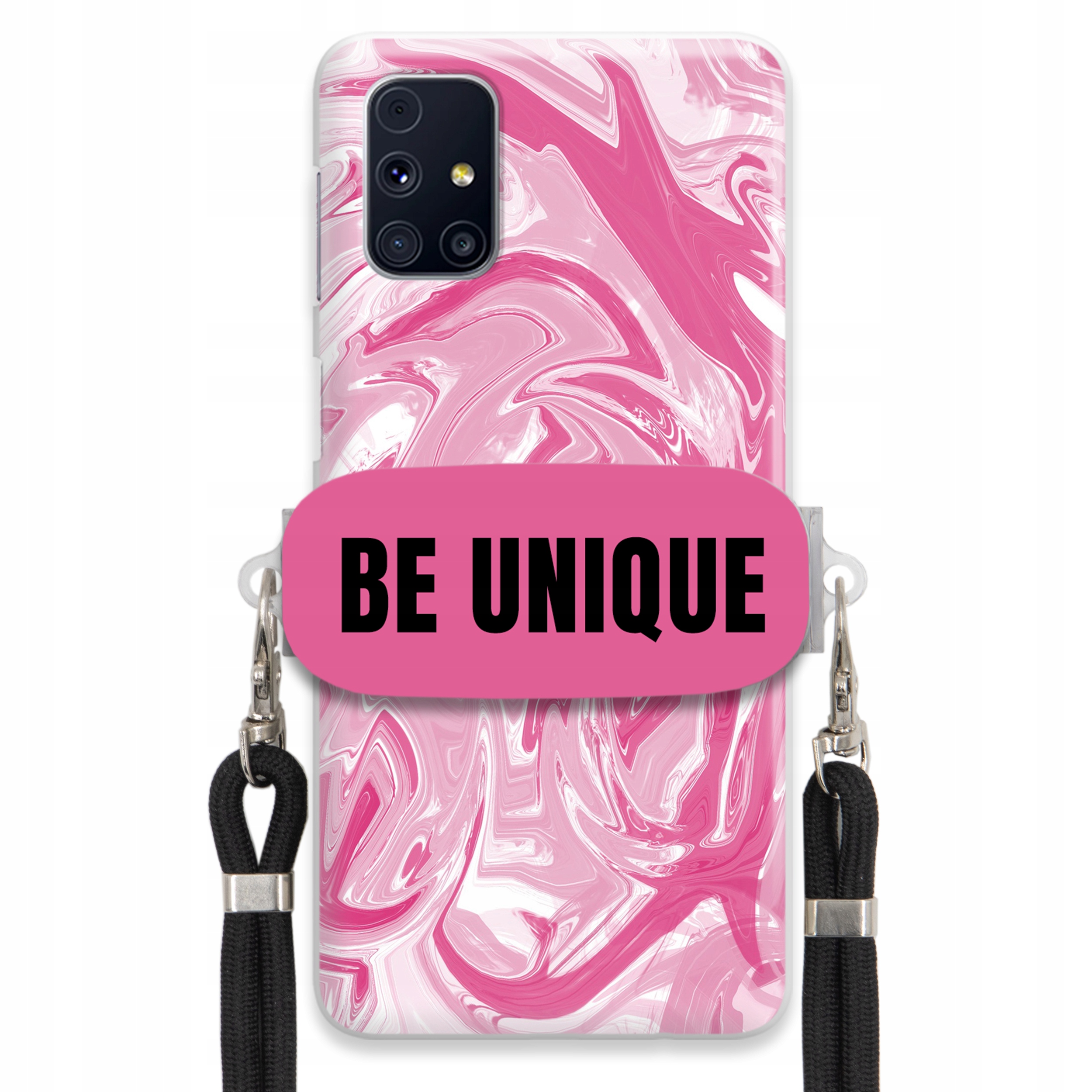 Puzdro na Samsung M31s Case držiak na šnúrku Čierna Ružová Mramor Be Unique