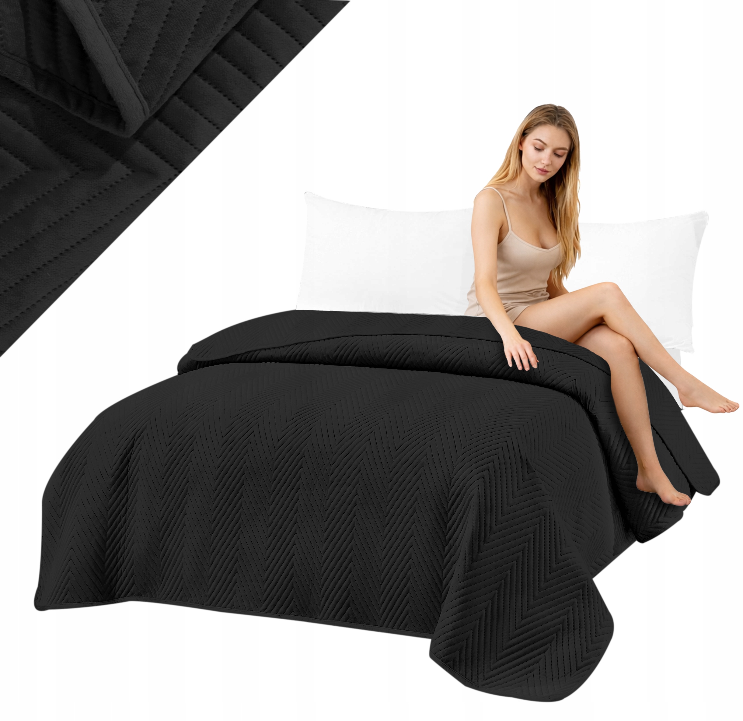 Narzuta 200x220 Na Łóżko Welurowa Czarna Pikowana Jodełka