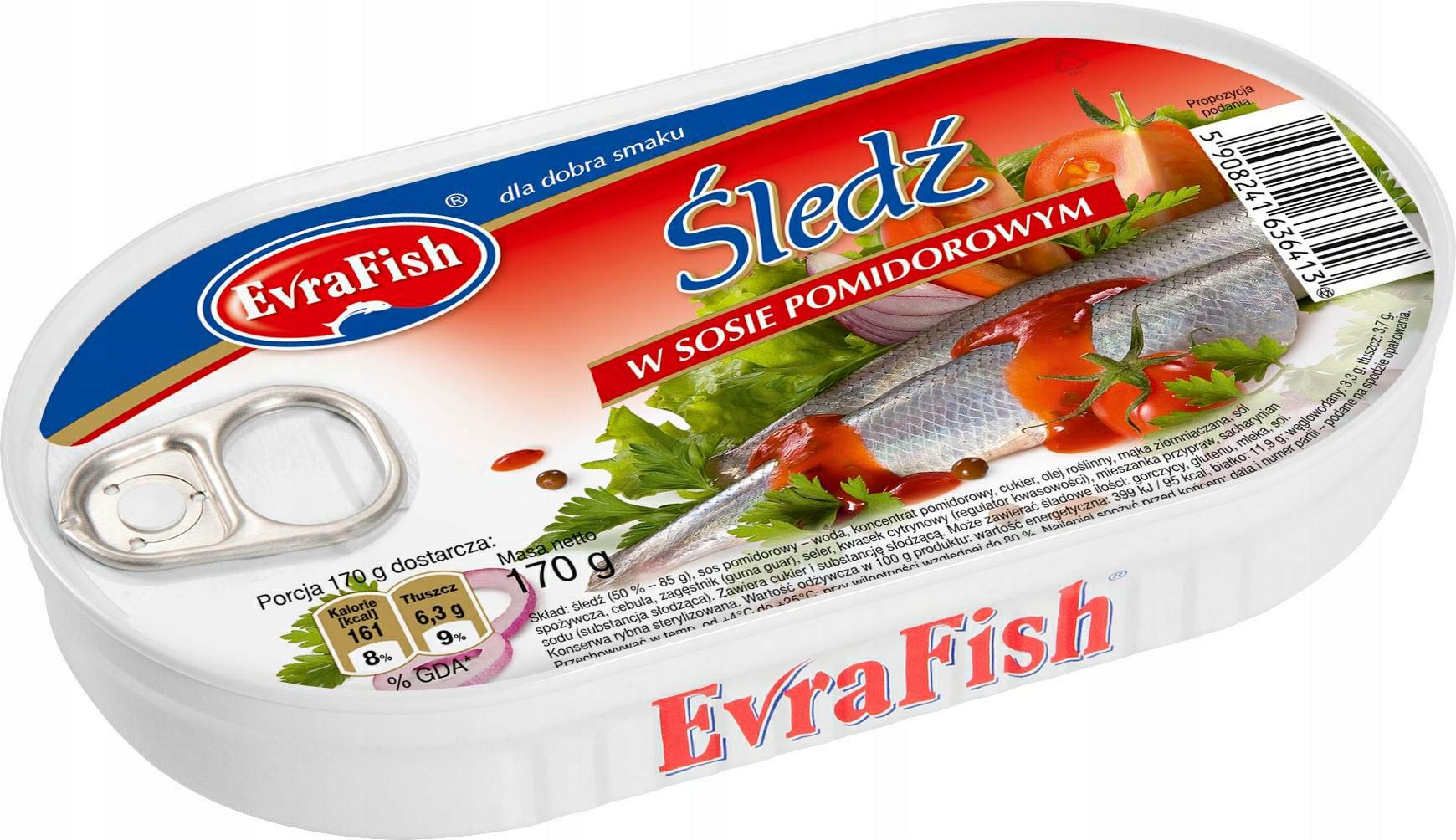16 Sztuk Evra Śledź W Sosie Pomidorowym 170G