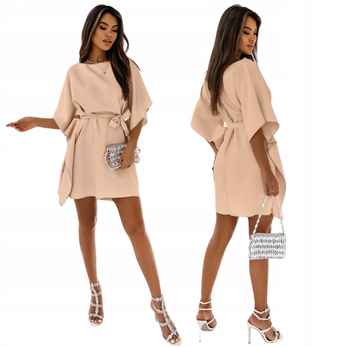 Kobieca Sukienka Nietoperz Wiązanie Oversize Beż