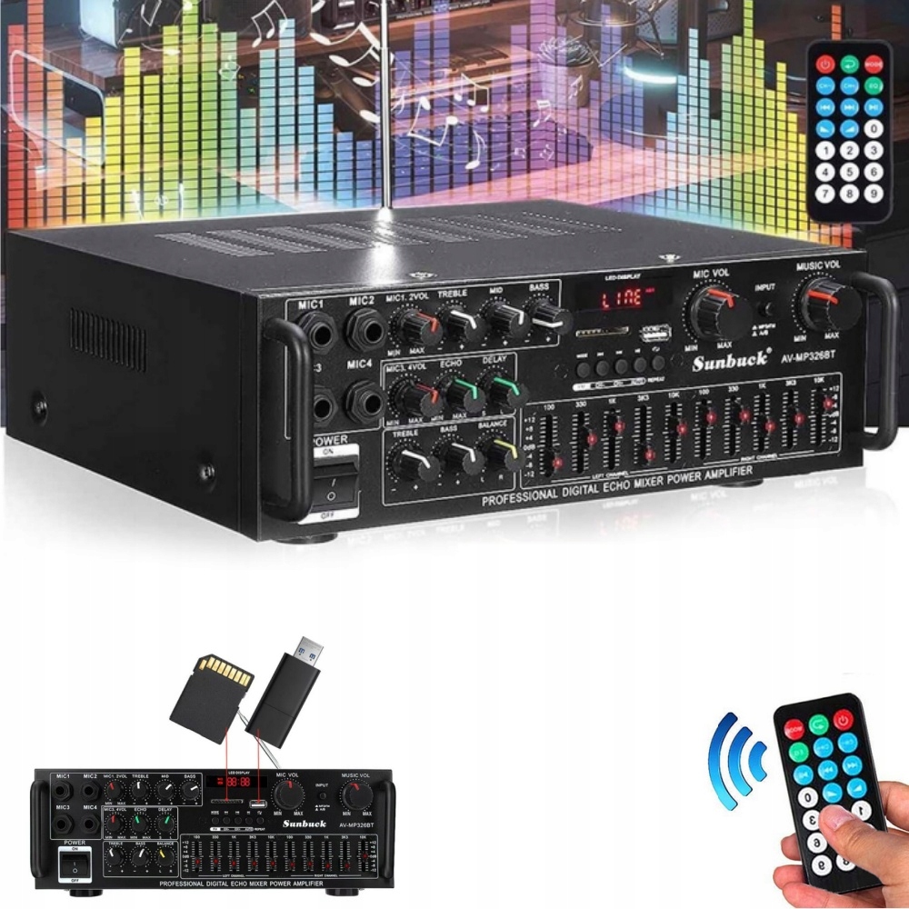 Wzmacniacz audio czarny Bluetooth 5.0 2-kanałowy z tunerem FM i pilotem