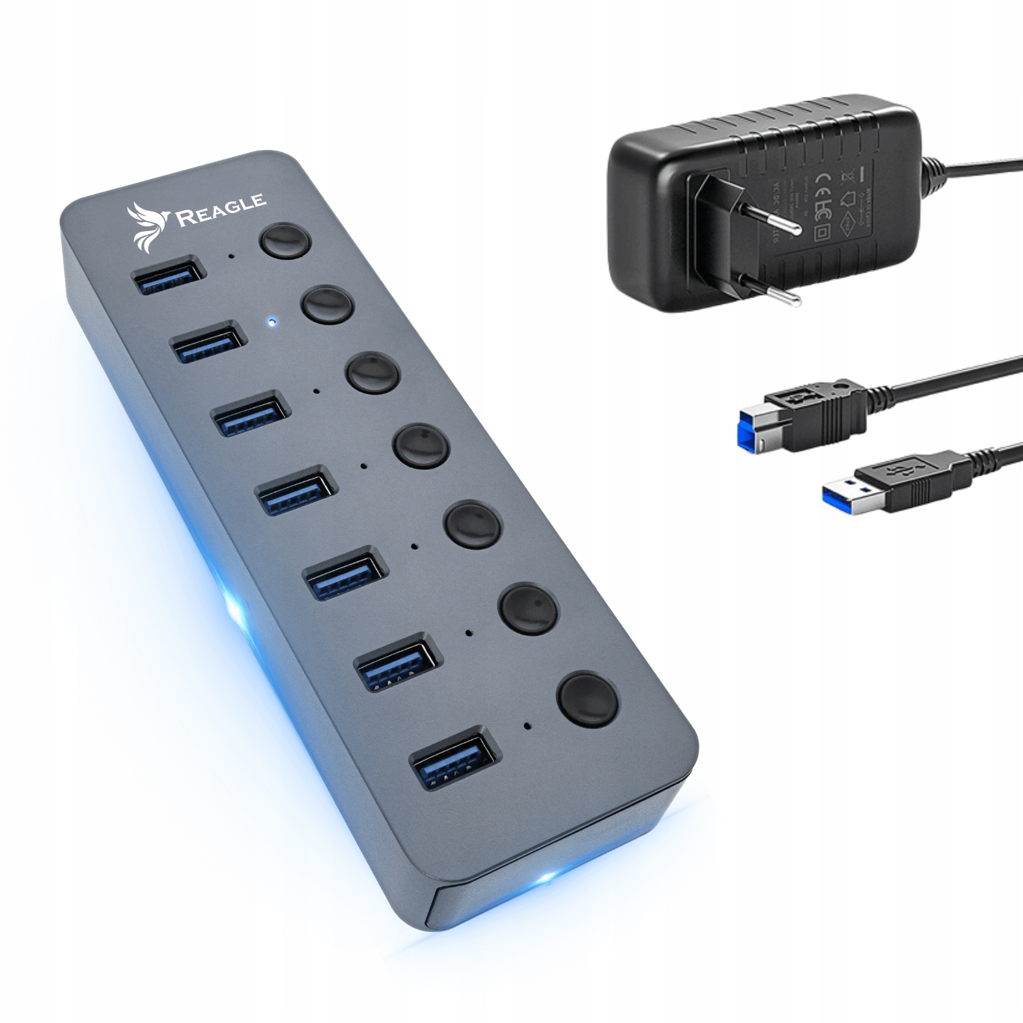 Usb 3.1 Hub, 7 Portů Usb-a Hub S Přepínači, Napájecí adaptér 2A 24W, ReagleHU