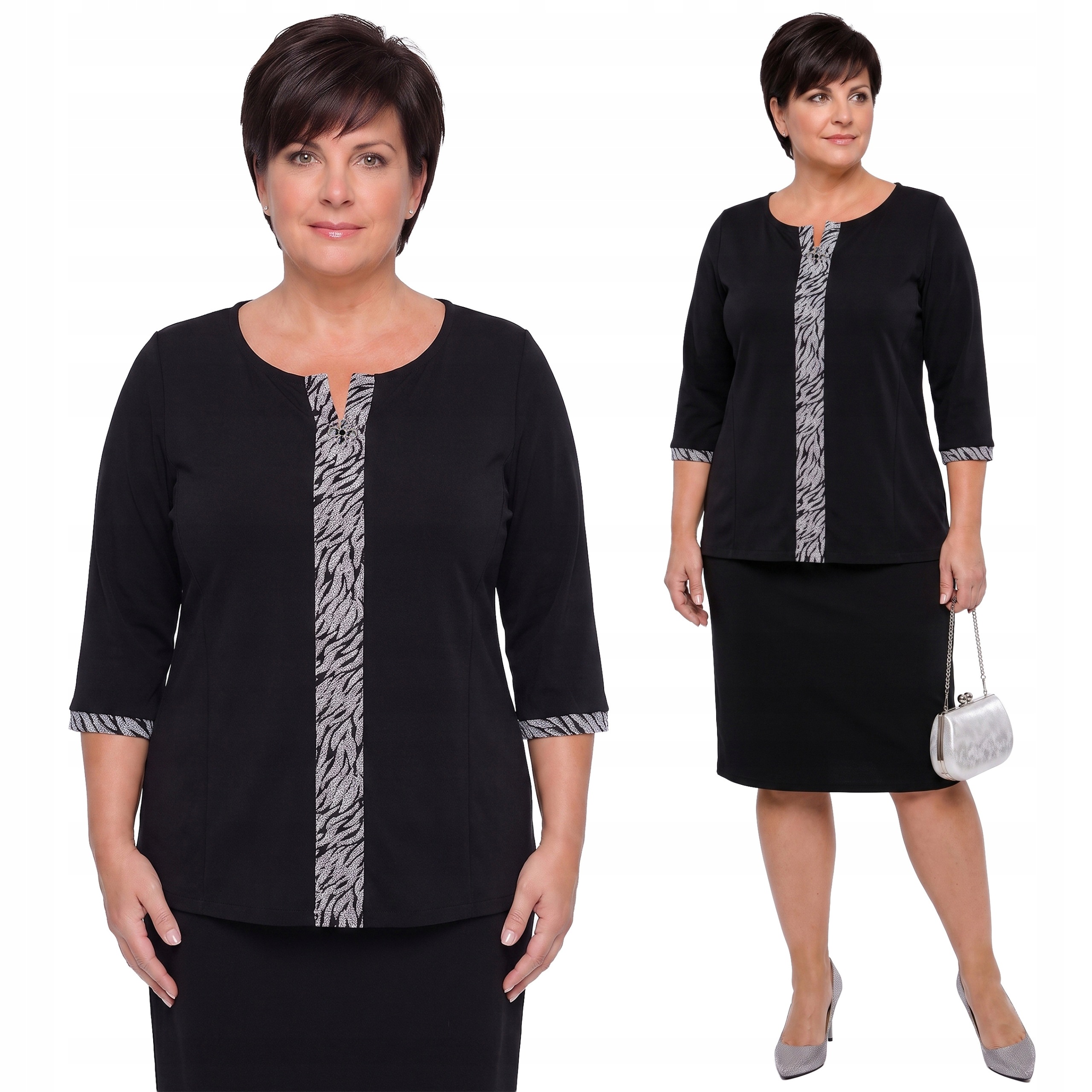 Černá halenka s vložkami a stříbrnými vzory plus size velikost 60/62