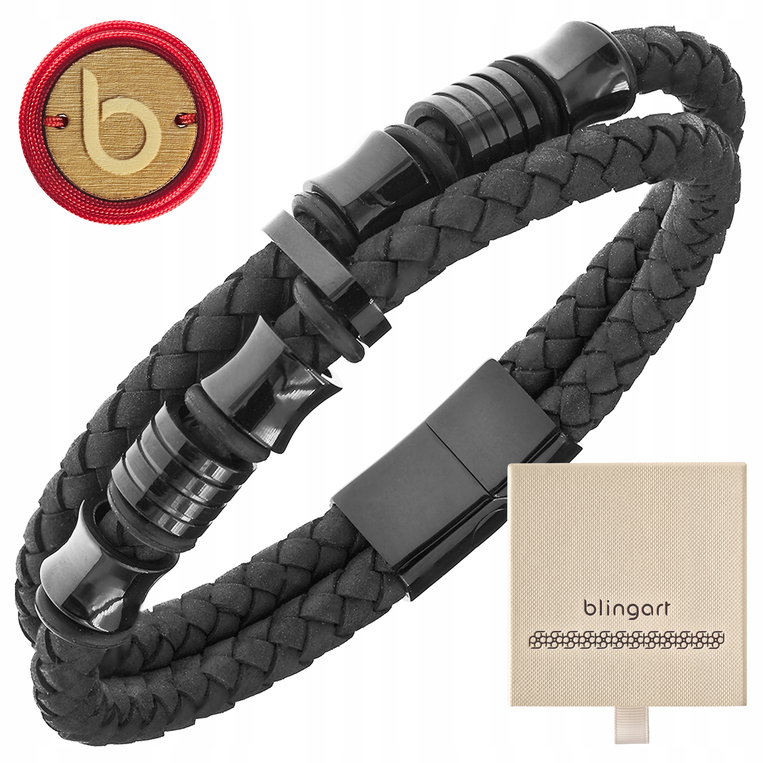 Pánský náramek kožený s gravírováním s gravírováním pletený z ocel 316L Blingart