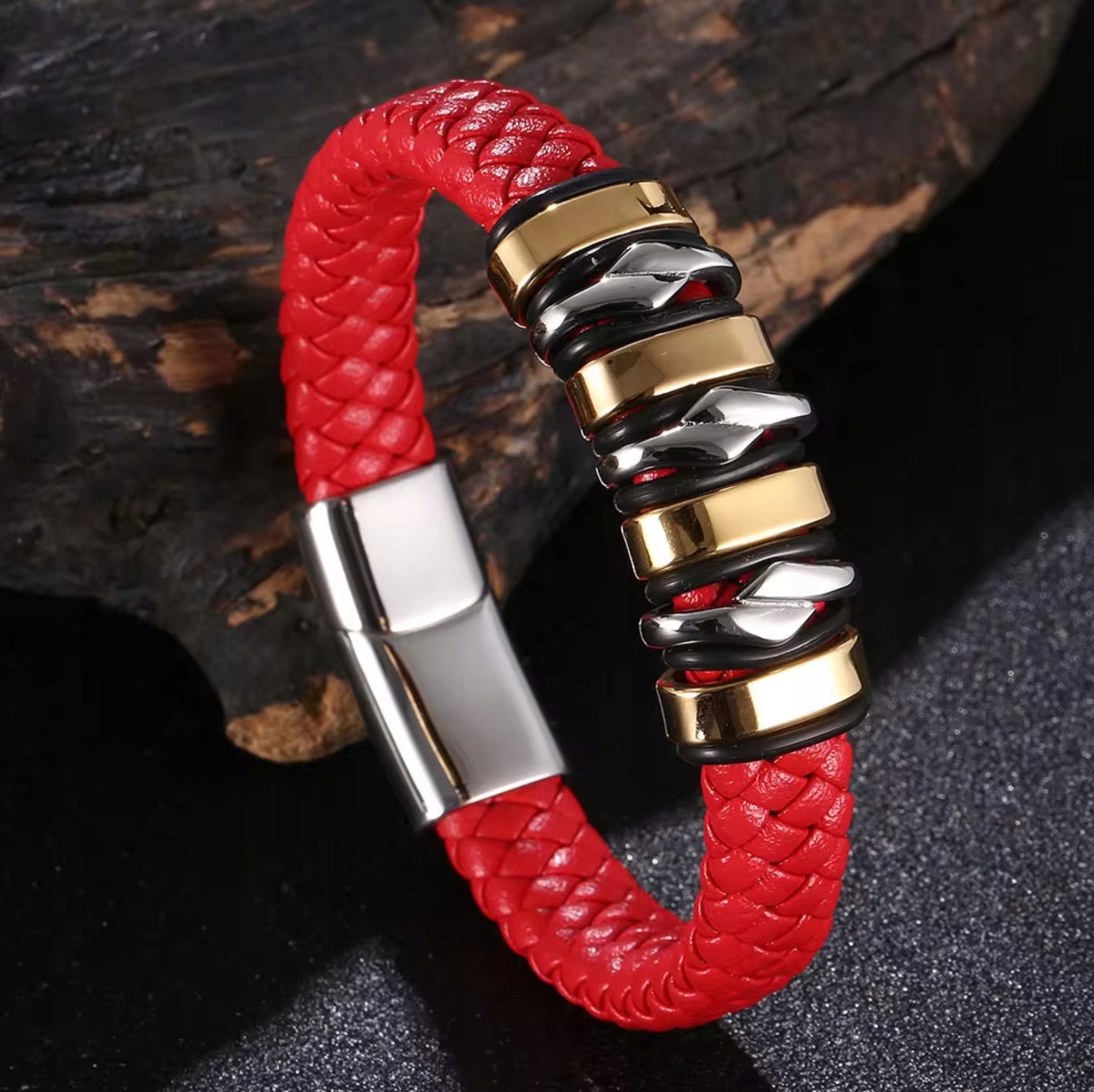 Kožený náramek z oceli červená černá zlatá silné zapínání Magnet