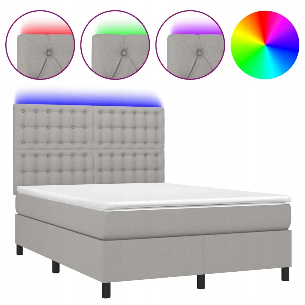 Kontinentální postel s matrací a Led diodami, světle šedá, 203x144x118/128