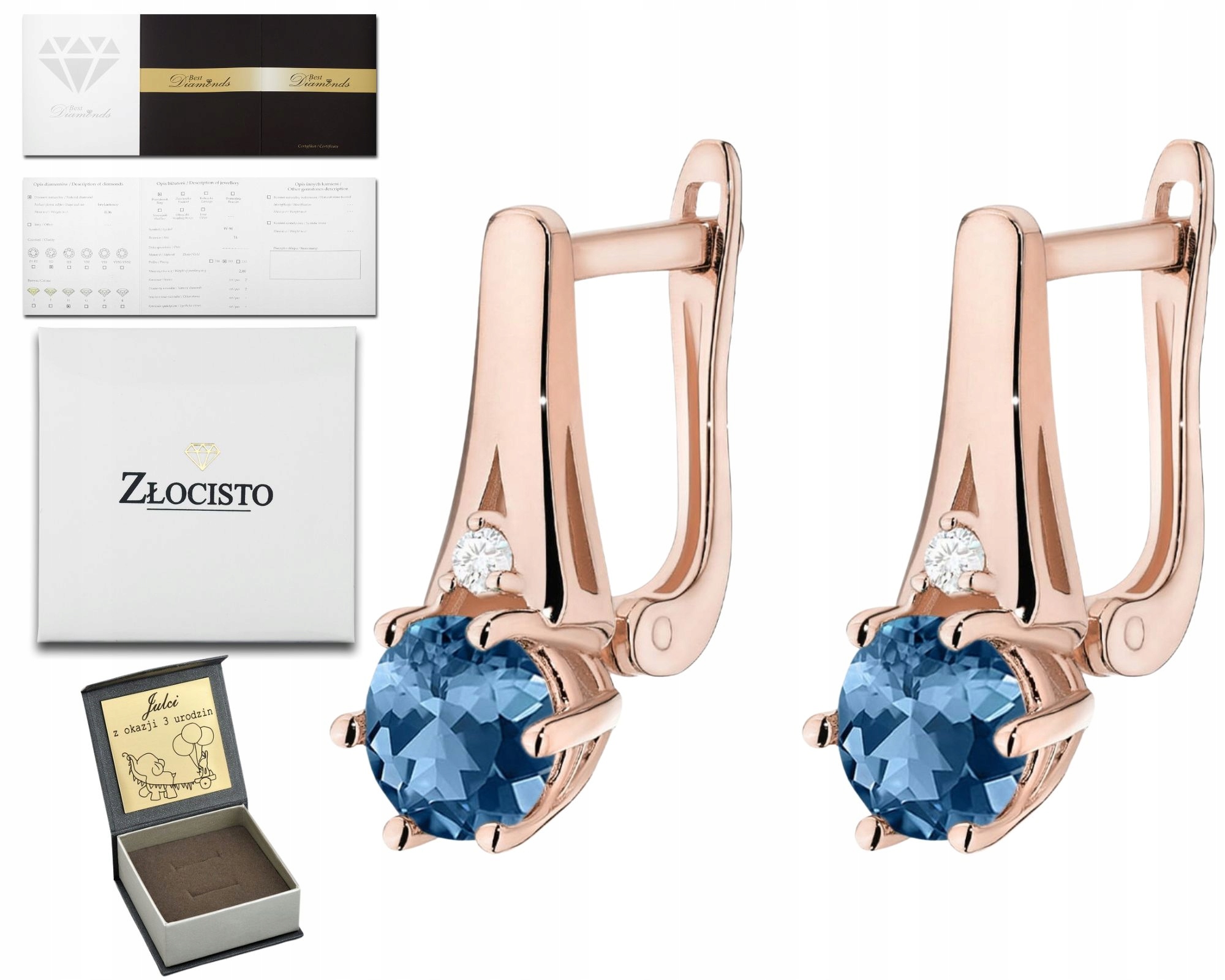 Růžové Zlato Náušnice Topaz London Blue Anglické Zapínání Zlato 585 14K