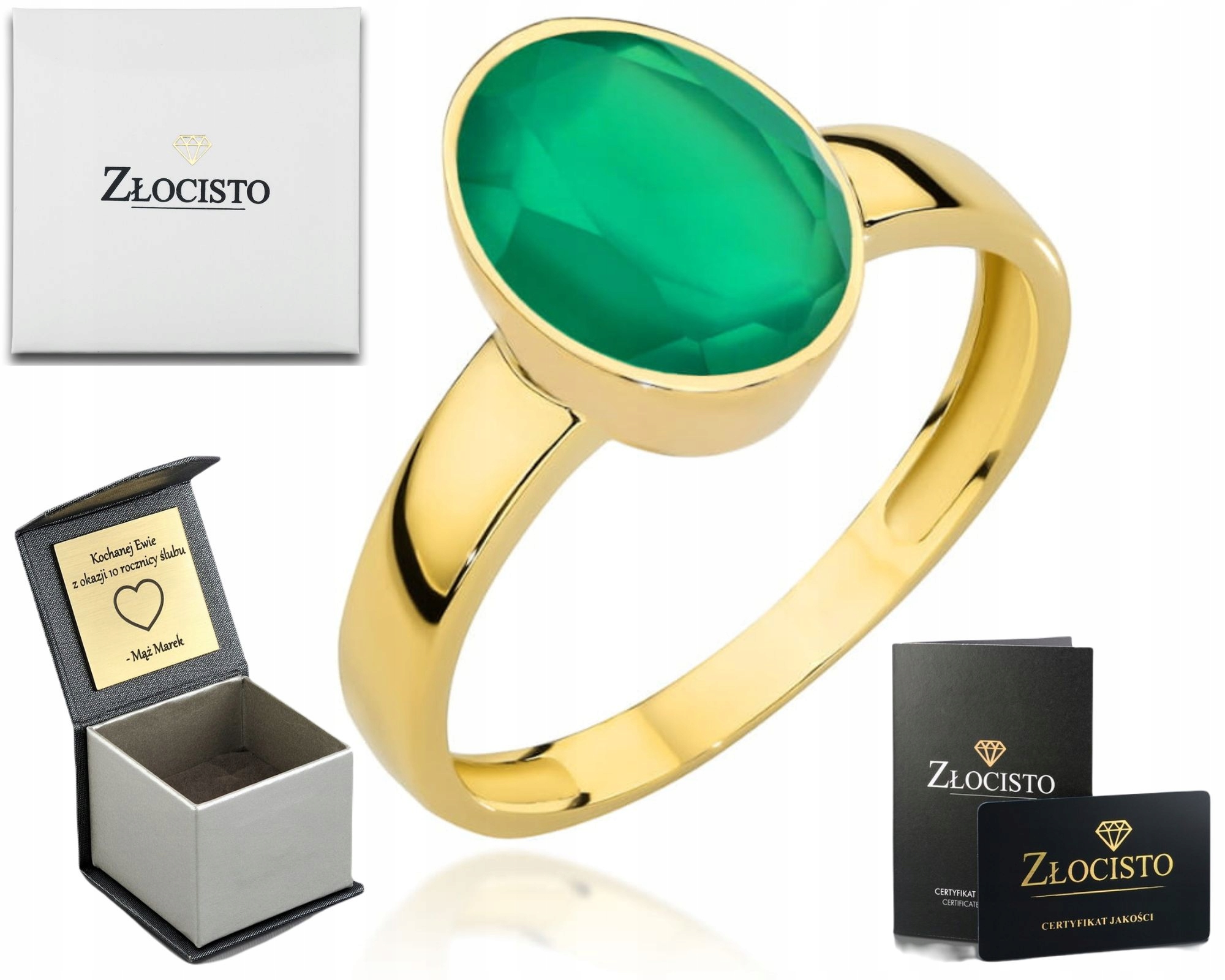 Klasický Prstýnek Prsten S Přírodním Zeleným Ahátem A Gravírování Ryzost 585