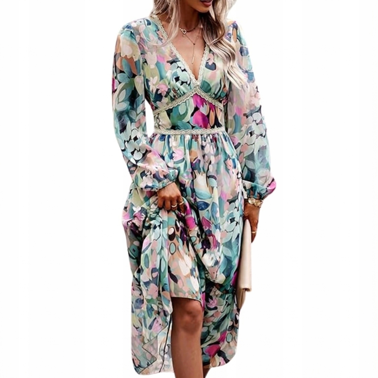 Sukienka damska rozkloszowana z gumką wzorzysta midi letnia zwiewna luźna