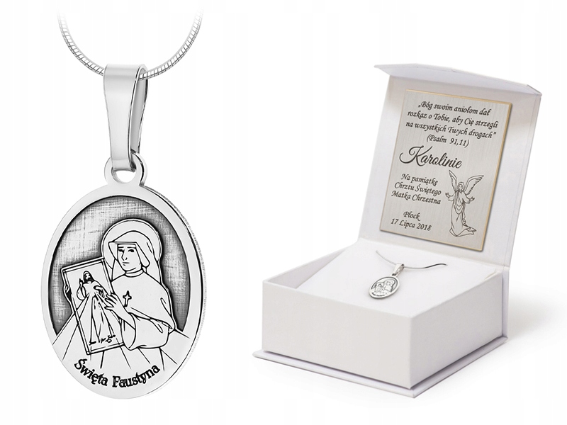 Stříbrný Náhrdelník Zmijka 60 cm ryzost 925 Medailon Svatá Faustyna Gravírování