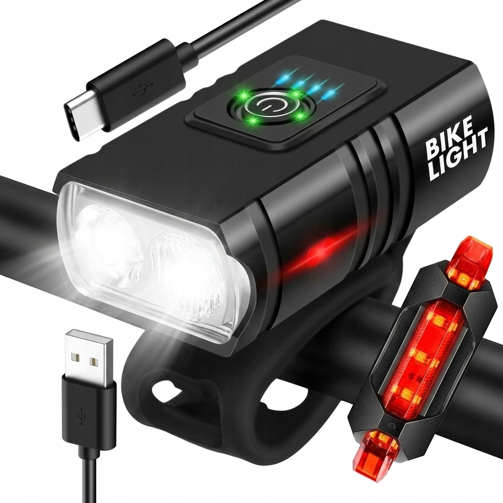 Lampka Rowerowa Led Przód Tył Na Usb Mocna Oświetlenie 1000LM IPX5 Zestaw