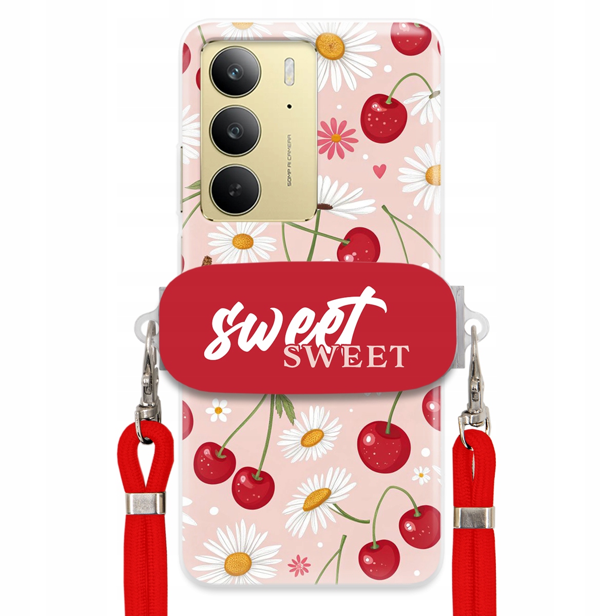 Pouzdro pro Realme C75 4G Červené vodítko držák Crossbody Sweet Višňový Květ