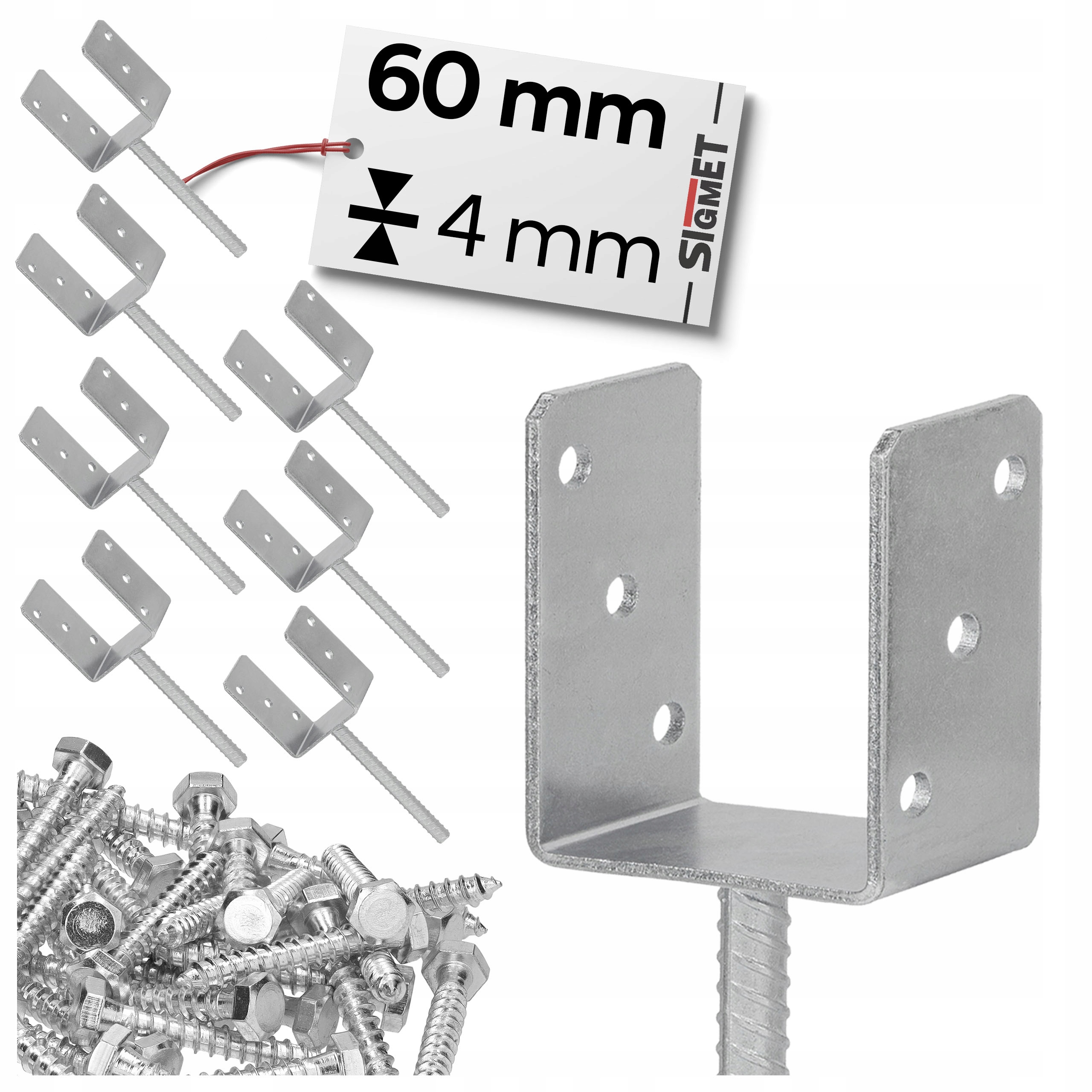 8 x Kotvící Kolík základna sloupku 60 mm s tyčí pozink vruty pro montáž