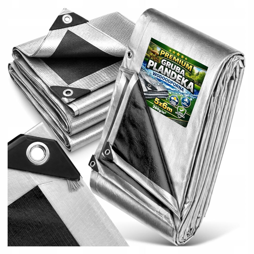 Plachta 5x6 m 260 g/m² Silná, stříbrno-černá, voděodolná, Uv zesílená